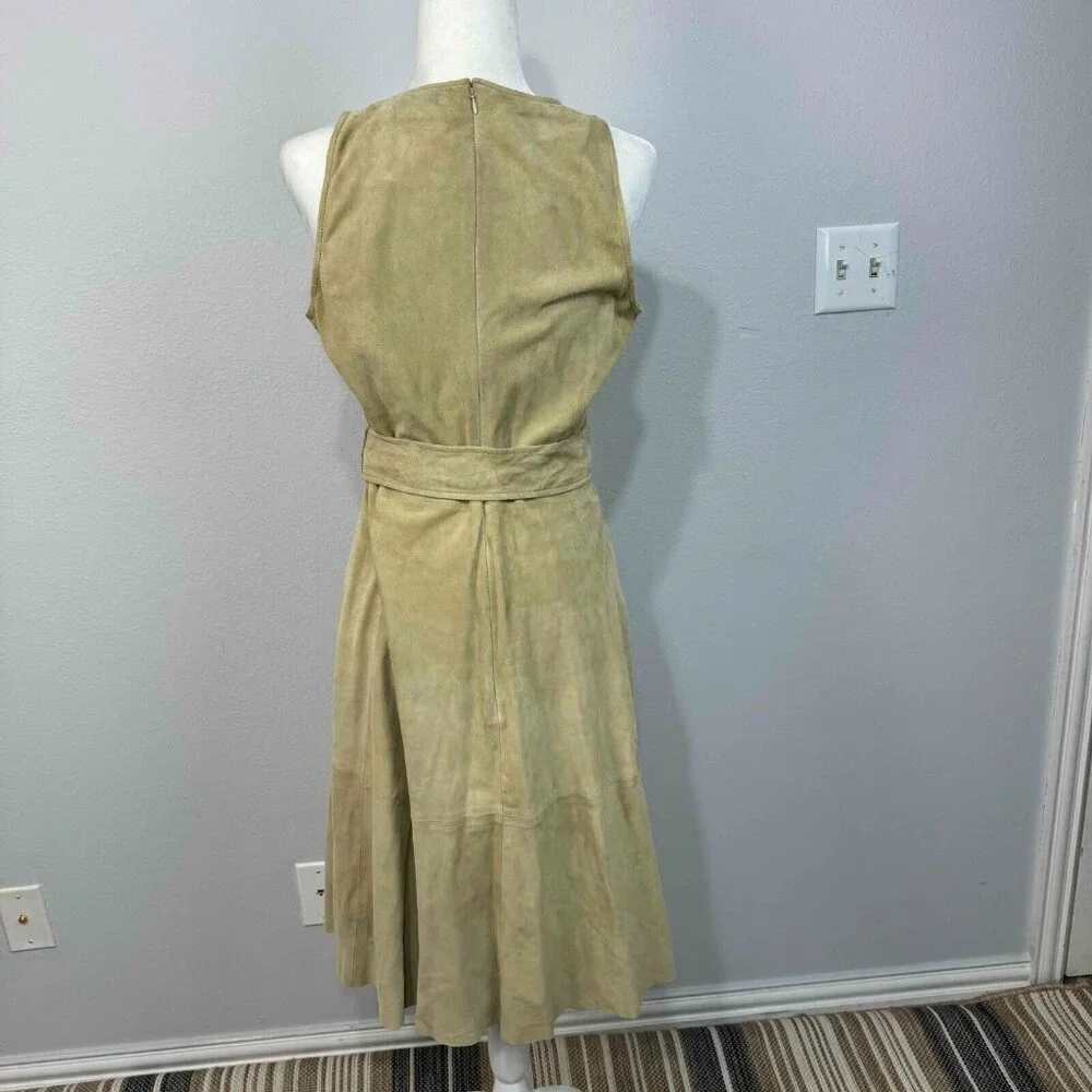 Lauren Ralph Lauren 100% Goat Suede Belted Sleeveless Dress Faux‎ Wrap Tan Sz 10